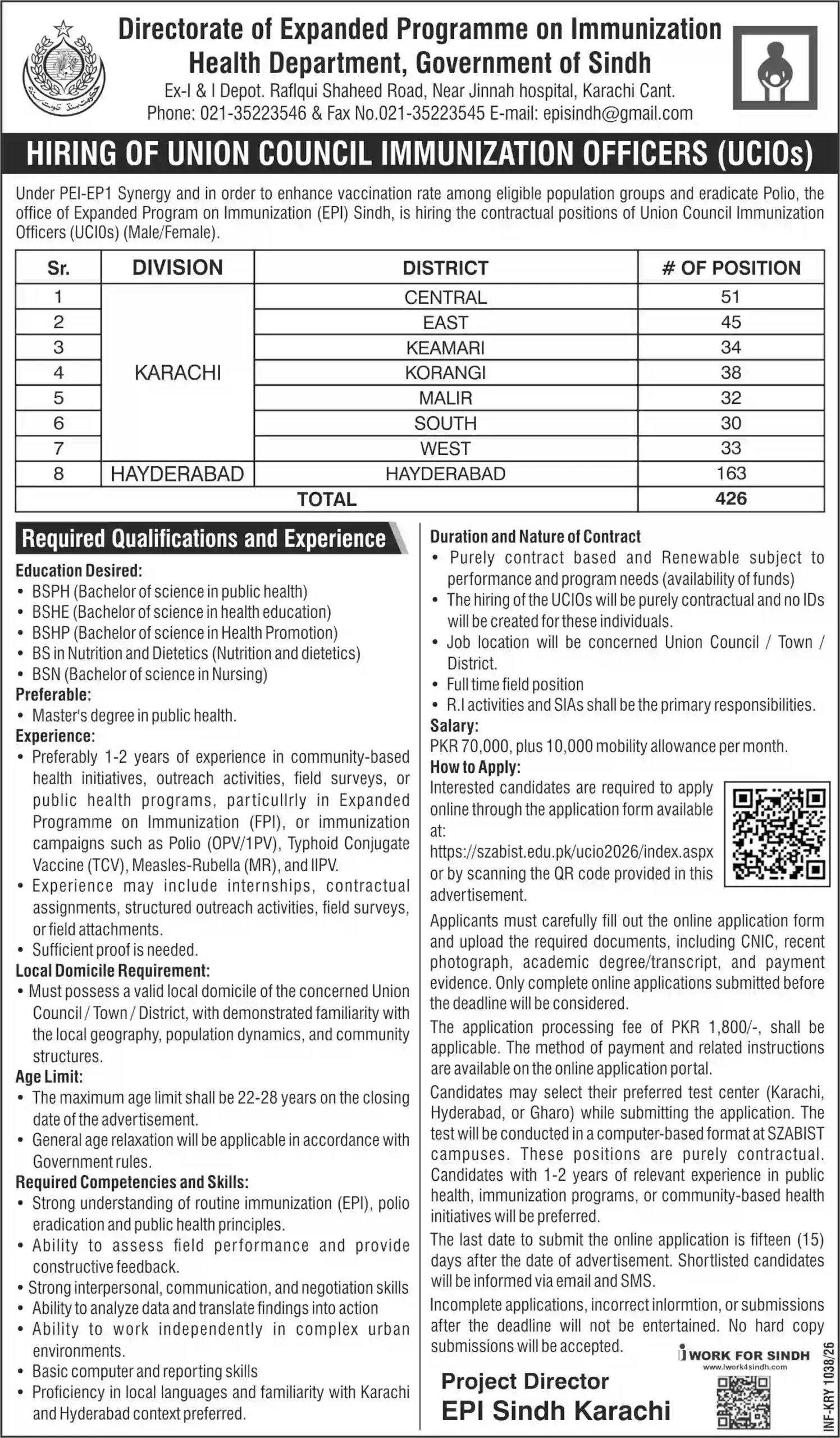 EPI Sindh UCIO Jobs 2026 Advertisement