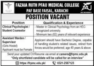 Fazaia Ruth Pfau Medical College Karachi Jobs 2026 Advertisement