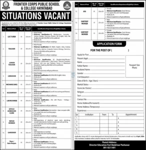 Frontier Corps School FCPS Peshawar Jobs 2026 – Apply Before Deadline