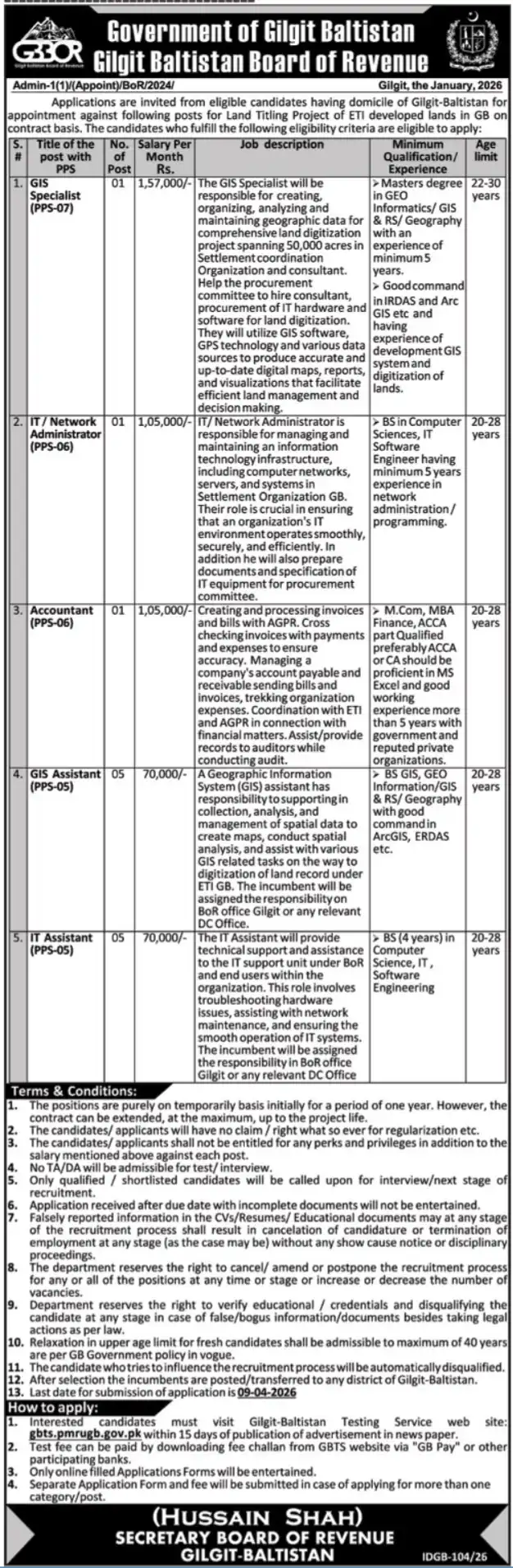 Gilgit Baltistan Board of Revenue Jobs 2026 – Apply Online Now