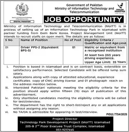 Government of Pakistan MoITT Jobs 2026 – IT Park Islamabad Driver Jobs (PPS-2) Complete Guide