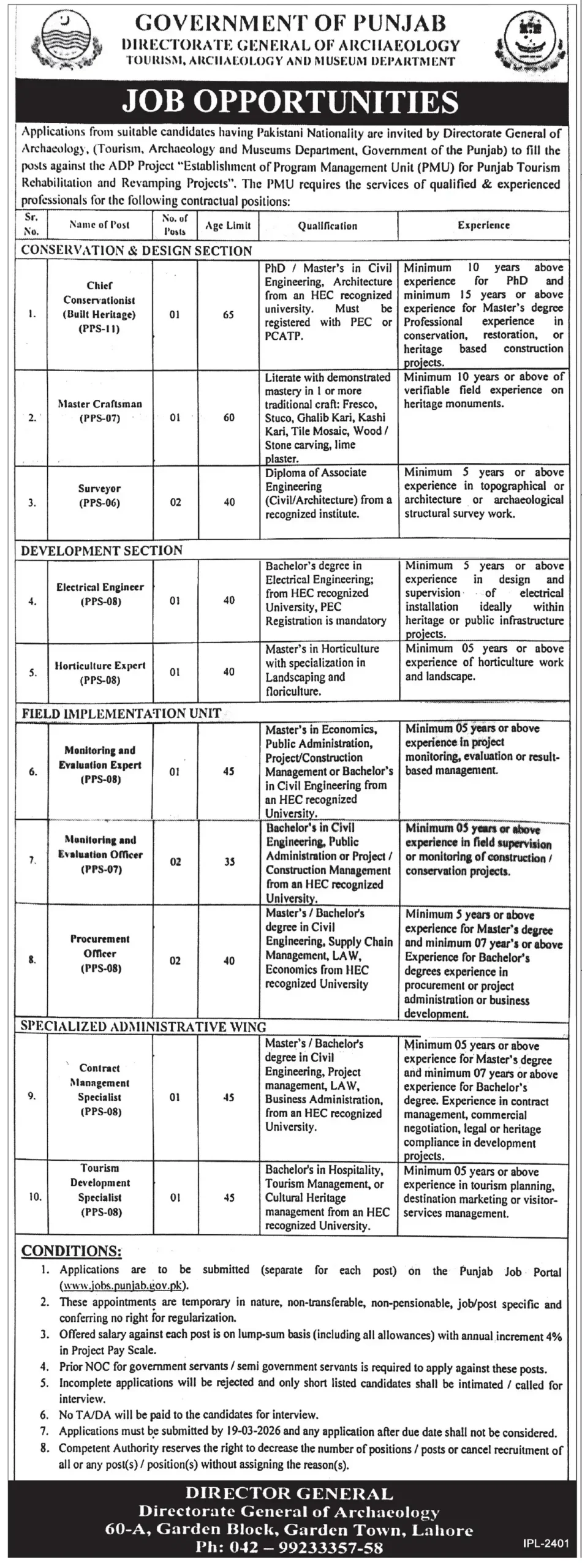 Government of Punjab Archaeology Department Jobs 2026 Advertisement