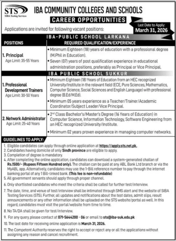 IBA Community Colleges and Schools Jobs 2026 Advertisement