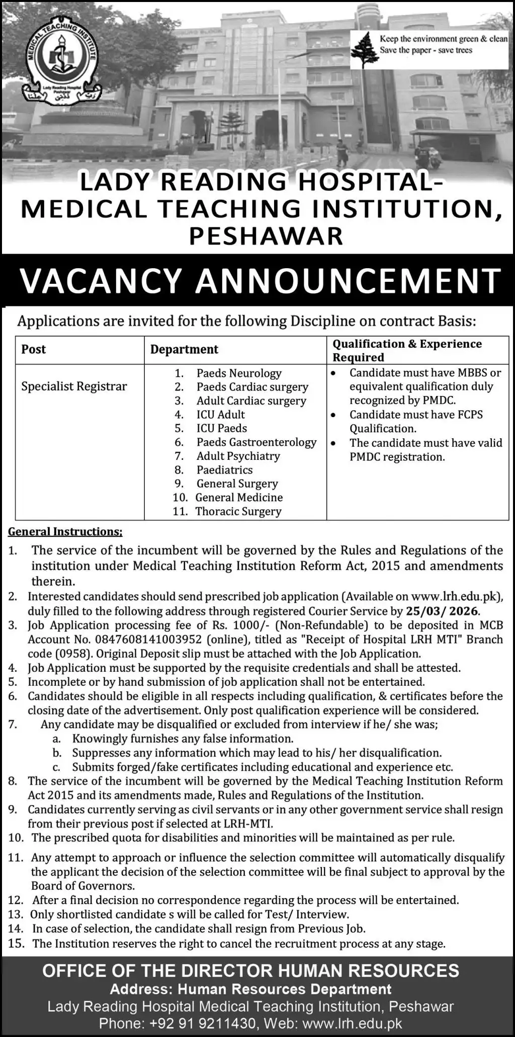 Lady Reading Hospital Peshawar Jobs 2026 Advertisement