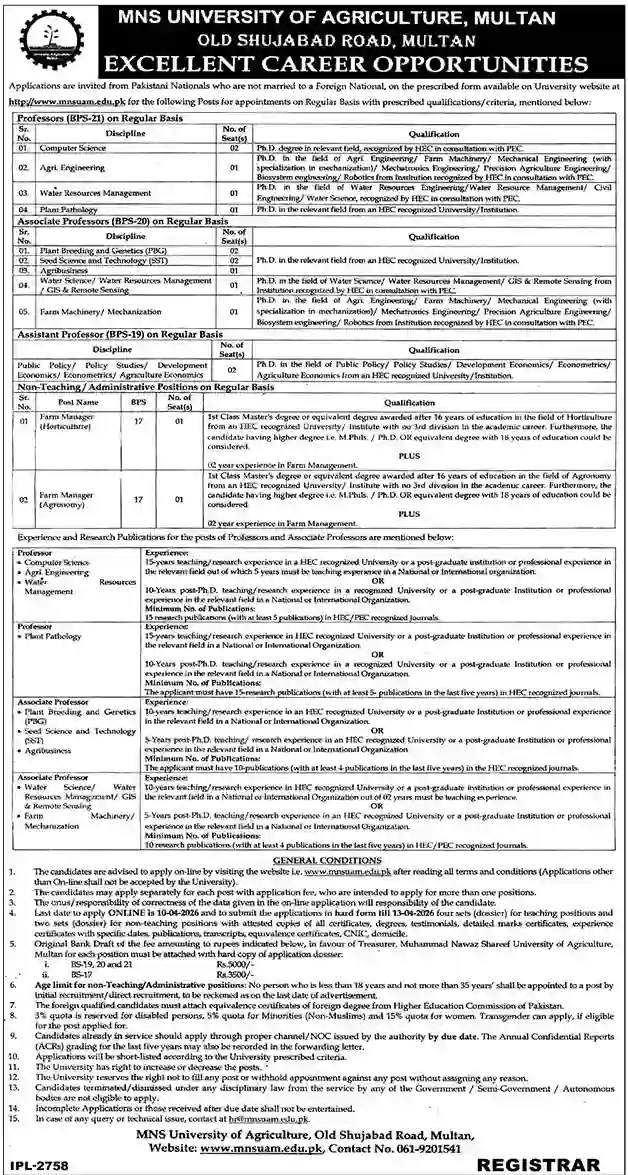 MNS University of Agriculture Multan Jobs 2026