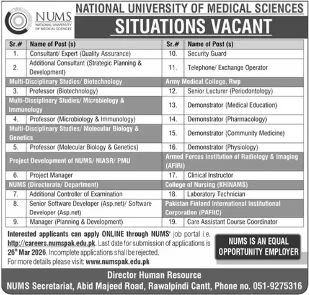 National University Of Medical Sciences NUMS Rawalpindi Jobs 2026 Advertisement