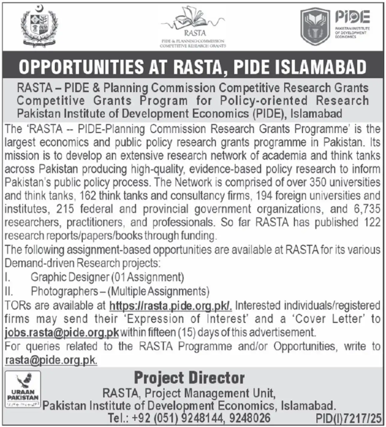 PIDE Islamabad Jobs 2026 Advertisement