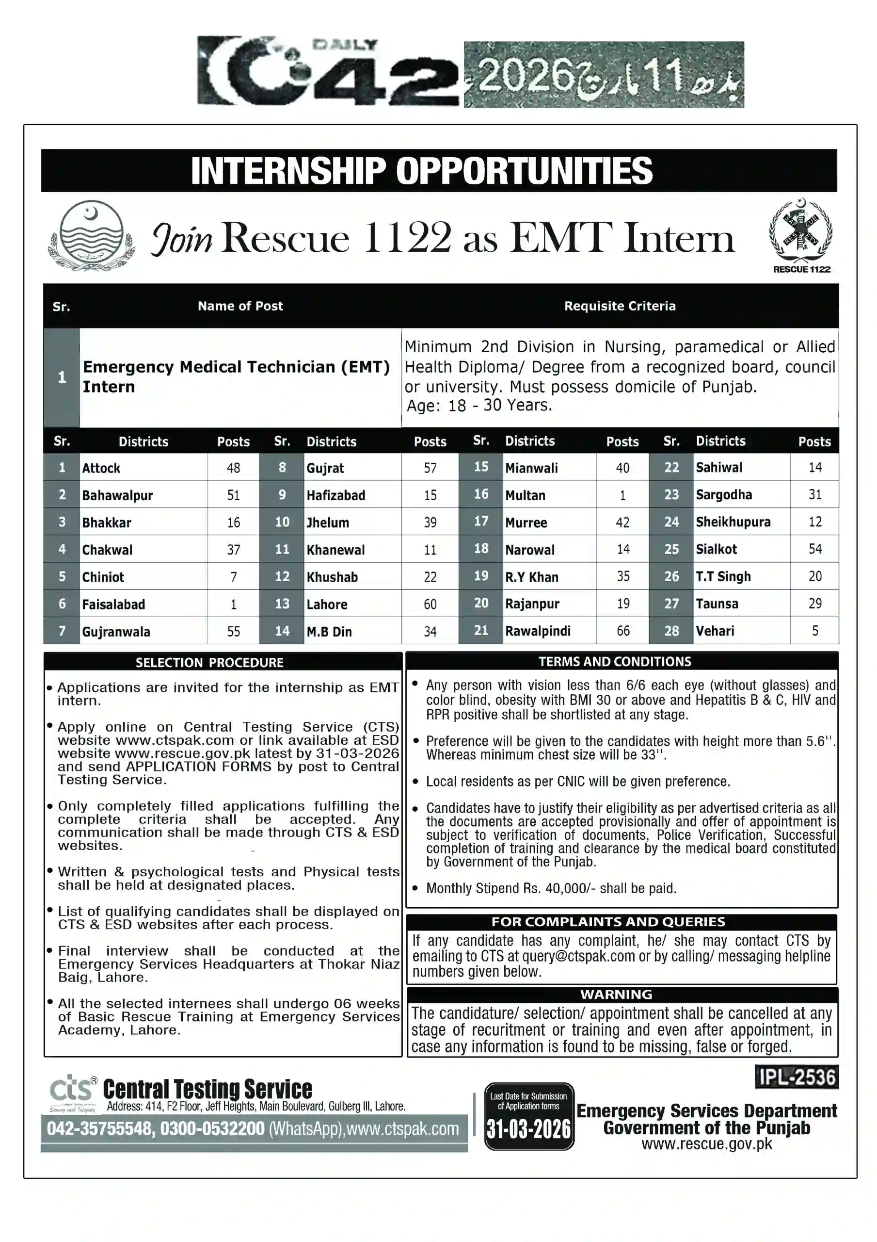 Rescue 1122 EMT Internship 2026 Apply Online