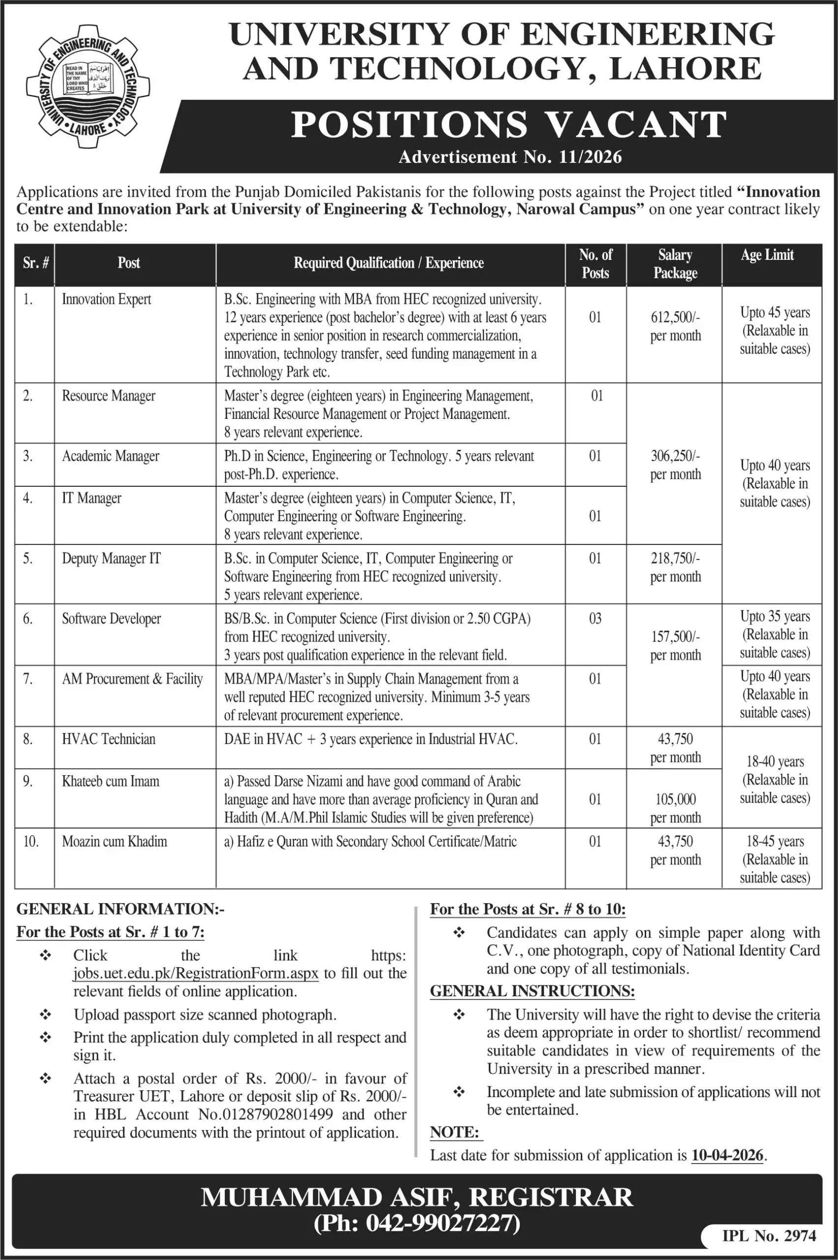 UET Lahore Jobs 2026 – Innovation Centre Vacancies Announced