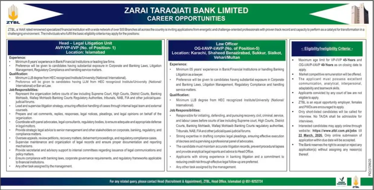 ZTBL Jobs 2026 Advertisement