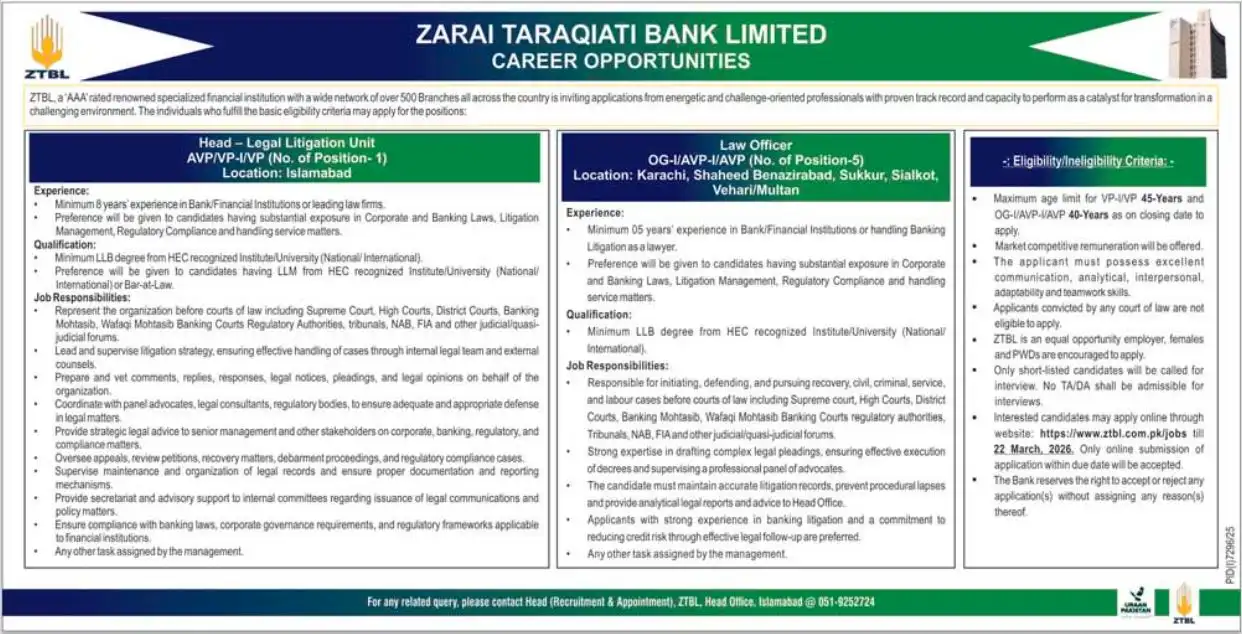 Zarai Taraqiati Bank Limited ZTBL Jobs 2026 Advertisement