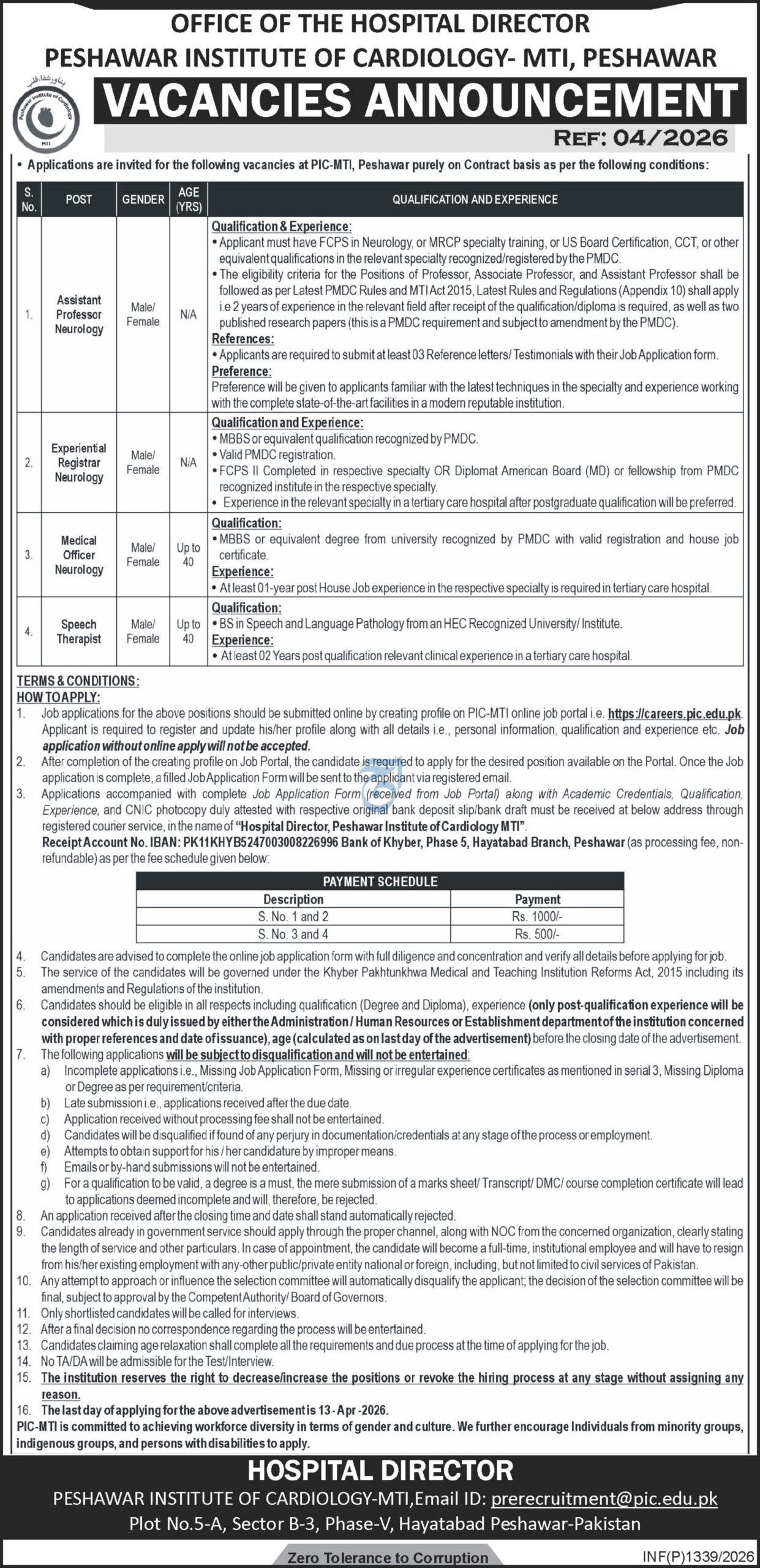PIC MTI Jobs 2026 Peshawar – Apply Online Now