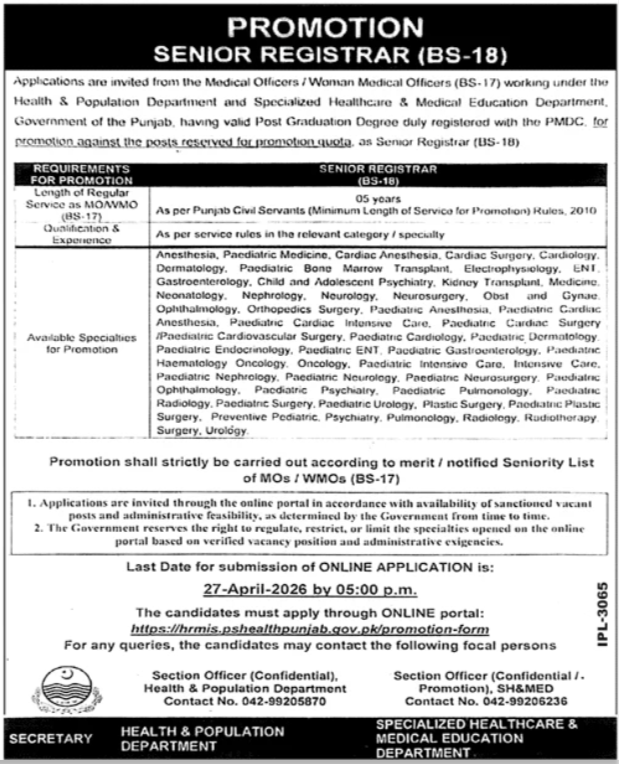 Senior Registrar BS-18 Promotion 2026 Punjab – MOWMO Eligibility, Specialties & Apply Online