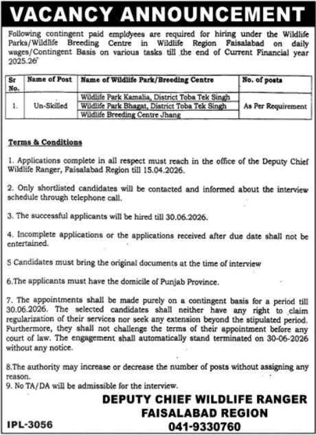 Wildlife Department Faisalabad Jobs 2026